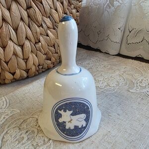 Artmark Decorative Hand Bell 5in White Blue Folk Art Cow Vintage Taiwan